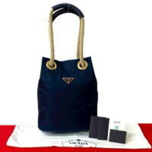 PRADA triangle logo plaque nylon leather shoulder bag handbag tote Navy Blue